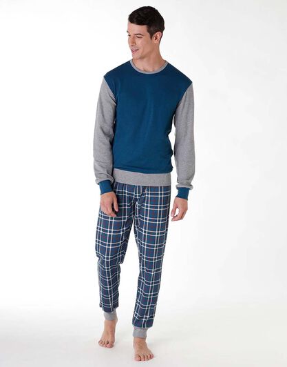 Pigiama lungo uomo in cotone interlock, blu petrolio, , LOVABLE