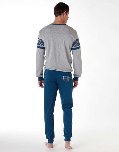 Pigiama lungo uomo in cotone interlock, blu petrolio e grigio, , LOVABLE