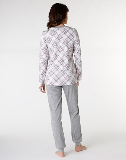 Pigiama lungo aperto in interlock di cotone, grigio con stampa a quadri, , LOVABLE