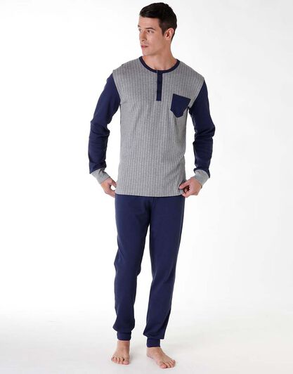 Pigiama lungo uomo in cotone interlock, grigio e blu con righe, , LOVABLE