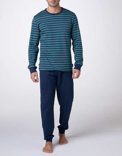 Pigiama Lungo Girocollo in Interlock, verde righe,  Pigiama Lungo Girocollo in Interlock, verde righe, , LOVABLE
