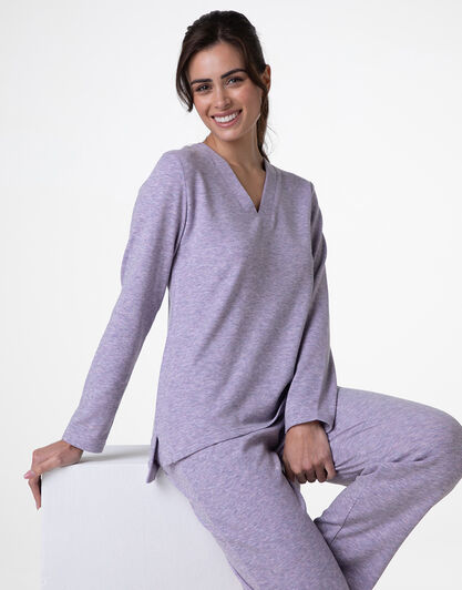 Pigiama Lungo scollo a V in Interlock garzato, rosa orchidea, , LOVABLE