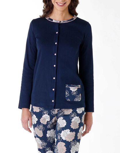 Pigiama lungo donna in 100% cotone interlock, blu con stampa fiori, , LOVABLE