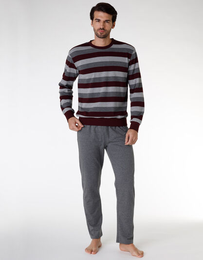 Pigiama lungo uomo in felpa garzata, righe grigio e bordeaux, , LOVABLE