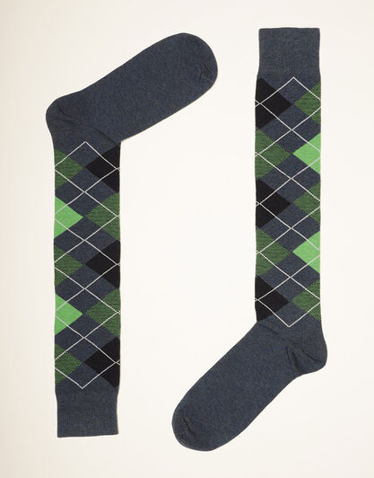 Calze lunghe uomo blu denim e verde, con stampa rombi, , LOVABLE