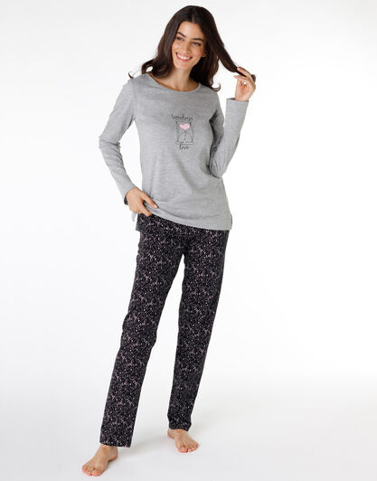 Pigiama lungo donna in cotone e viscosa, grigio melange, , LOVABLE