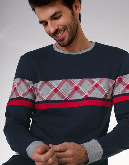 Pigiama uomo lungo in cotone interlock, blu navy, , LOVABLE