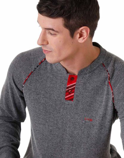 Pigiama lungo uomo in cotone interlock e flanella, grigio e rosso, , LOVABLE