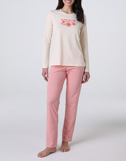 Pigiama Lungo in Jersey, avorio stampato, , LOVABLE
