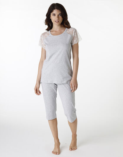 Pigiama manica corta pinocchietto in jersey, grigio melange, , LOVABLE