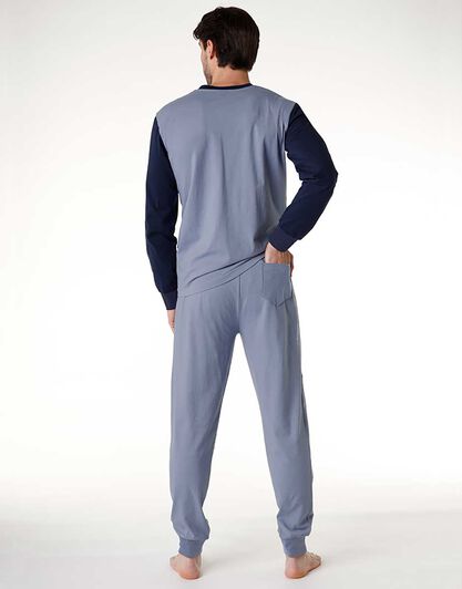 Pigiama lungo uomo in 100% cotone, denim blu, , LOVABLE