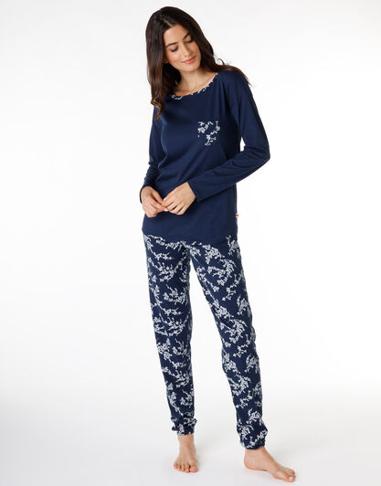 Pigiama lungo donna in jersey di 100% cotone, blu, , LOVABLE