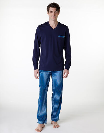Pigiama lungo scollo a V in jersey, blu navy, , LOVABLE