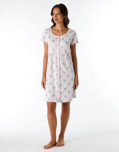 Camicia da notte aperta manica corta in jersey, rosa stampa lavanda, , LOVABLE