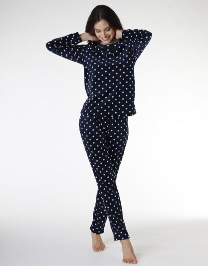 Homewear donna lungo in micropile, blu a pois, , LOVABLE
