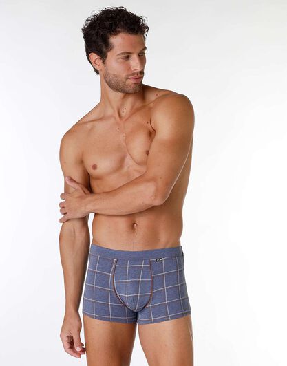 Boxer uomo in cotone elasticizzato, blu melange con stampa check, , LOVABLE