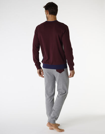Pigiama lungo in interlock di cotone, bordeaux grigio e blu, , LOVABLE