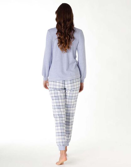 Pigiama lungo donna in maglia calda e flanella, azzurro polvere, , LOVABLE