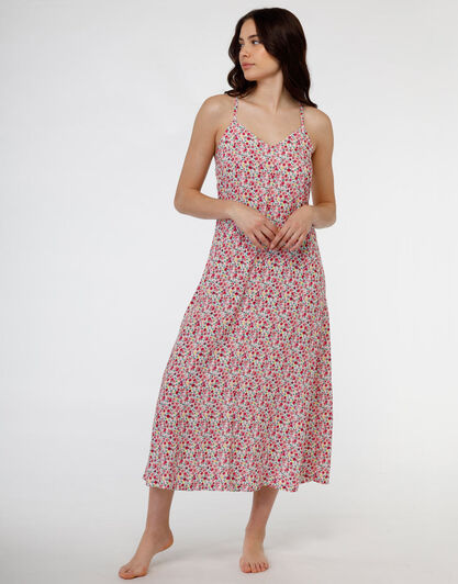 Abito lungo in tela di viscosa, stampa rosa con fiori, , LOVABLE