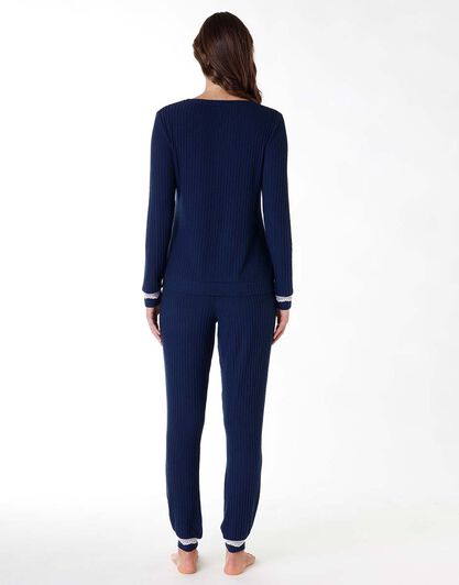 Pigiama lungo donna in tessuto caldo, blu, , LOVABLE