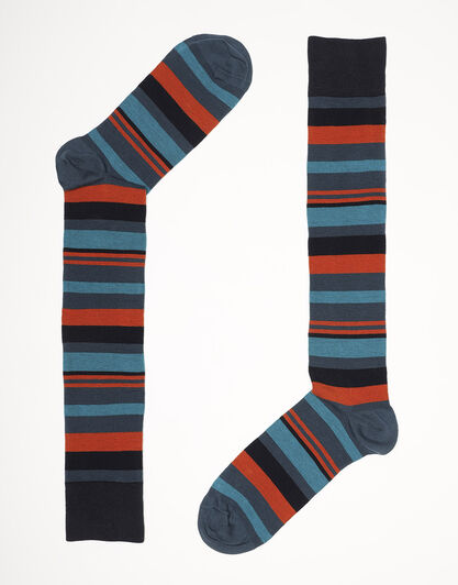 Calze lunghe uomo in cotone, con righe blu arancione e verde, , LOVABLE