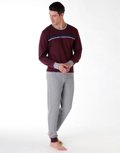 Pigiama uomo lungo in cotone interlock, bordeaux, , LOVABLE