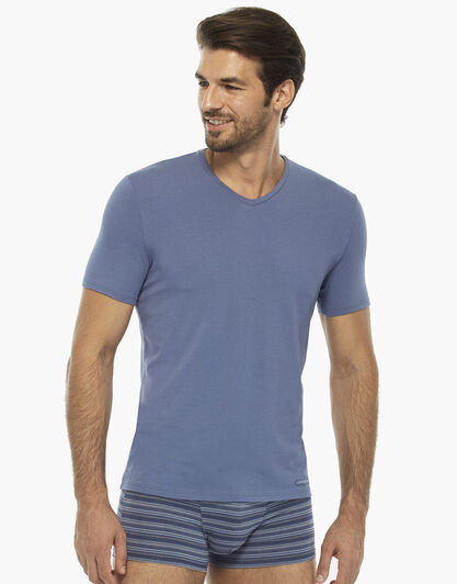 Maglia manica corta blu polvere in cotone modal con scollo a V , , LOVABLE