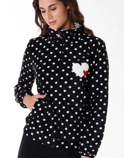 Homewear donna lungo in micropile, nero con pois, , LOVABLE