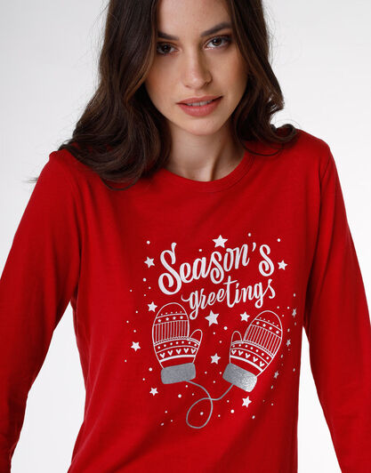 Pigiama donna lungo in jersey di cotone, rosso, , LOVABLE