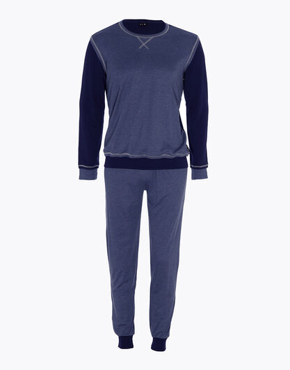 Pigiama lungo in Interlock filato melange, blu navy e blu melange, , LOVABLE