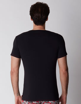 T-shirt manica corta in cotone elasticizzato, nero con dettagli stampati, , LOVABLE