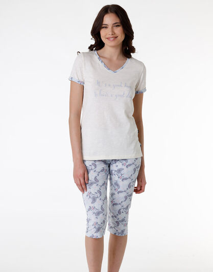 Pigiama capri donna in jersey 100% cotone, avorio con stampa, , LOVABLE