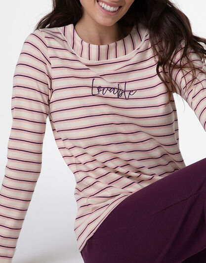 Pigiama Lungo in Interlock, righe avorio, rosa e vinaccia, , LOVABLE
