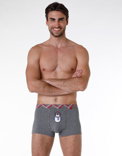 Boxer uomo in cotone elasticizzato, grigio con stampa pinguino, , LOVABLE