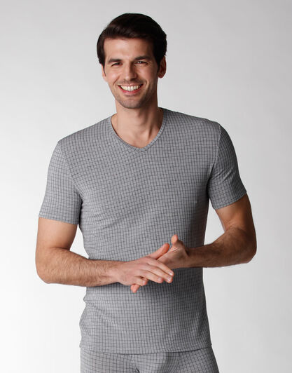 T-shirt manica corta uomo con scollo a V in micromodal, quadretti su grigio, , LOVABLE