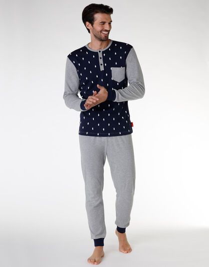 Pigiama uomo lungo in cotone interlock, blu navy, , LOVABLE