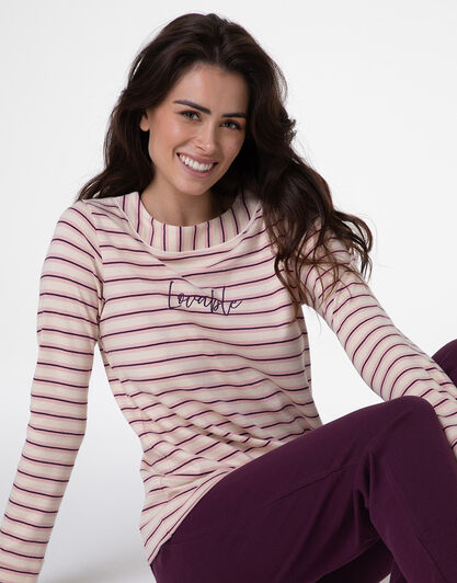 Pigiama Lungo in Interlock, righe avorio, rosa e vinaccia, , LOVABLE