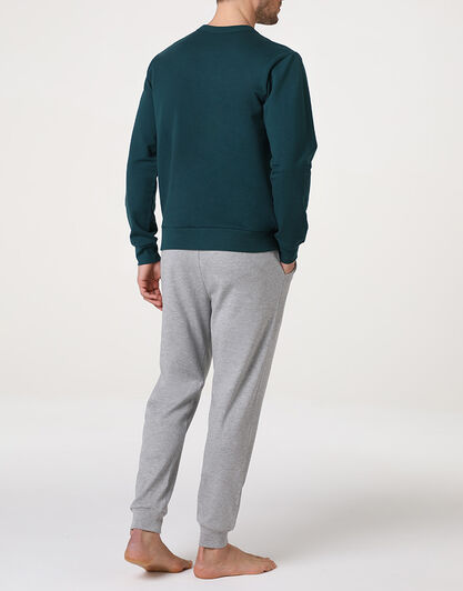 Pigiama Lungo Girocollo in Felpa e Interlock, verde scuro,  Pigiama Lungo Girocollo in Felpa e Interlock, verde scuro, , LOVABLE