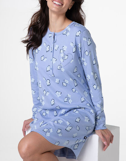 Camicia da Notte Serafino Manica Lunga in Interlock, azzurro polvere stampato, , LOVABLE