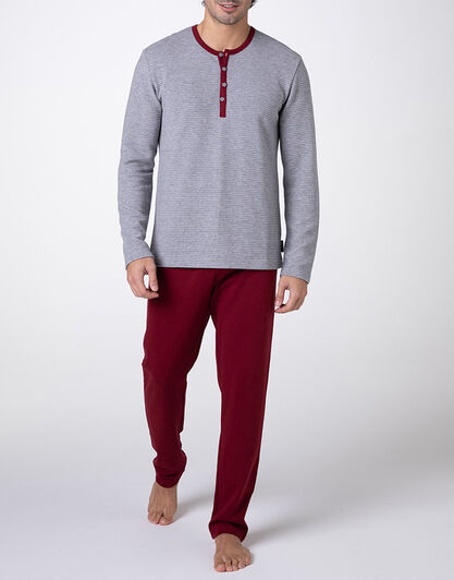 Pigiama Lungo Collo Serafino Warm Fabric e Interlock, grigio melange e bordeaux,  Pigiama Lungo Collo Serafino Warm Fabric e Interlock, grigio melange e bordeaux, , LOVABLE