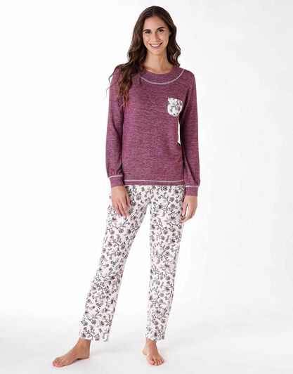 Pigiama lungo donna in flanella, bordeaux, , LOVABLE