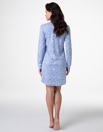 Camicia da Notte Serafino Manica Lunga in Interlock, azzurro polvere stampato, , LOVABLE