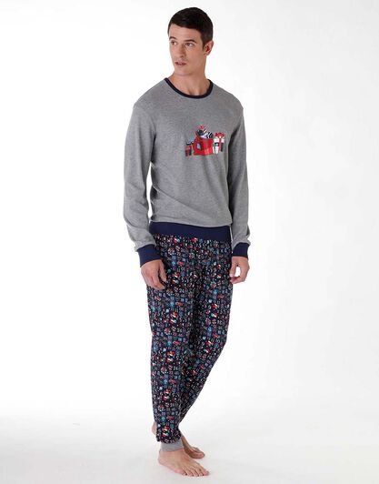 Pigiama lungo uomo in cotone interlock, grigio melange con stampa, , LOVABLE