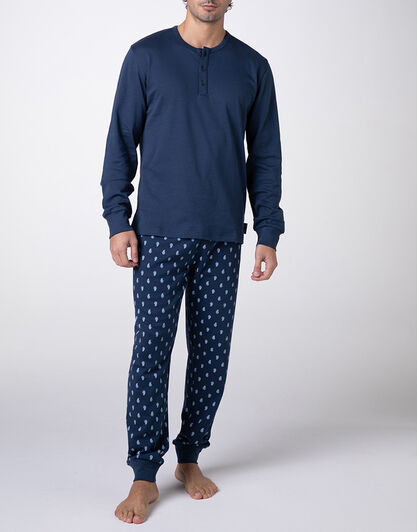 Pigiama Lungo Collo Serafino Interlock, blu navy,  Pigiama Lungo Collo Serafino Interlock, blu navy, , LOVABLE