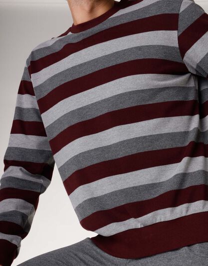 Pigiama lungo uomo in felpa garzata, righe grigio e bordeaux, , LOVABLE