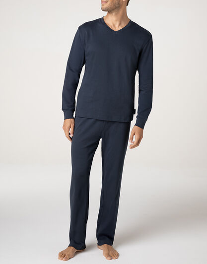 Pigiama Lungo Scollo a V in Interlock, blu notte, , LOVABLE