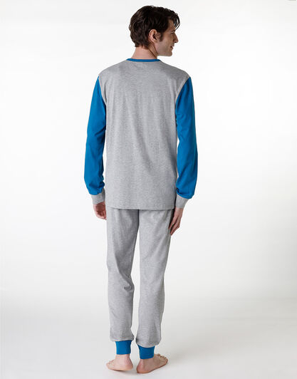 Pigiama lungo serafino in jersey di cotone, grigio melange, , LOVABLE