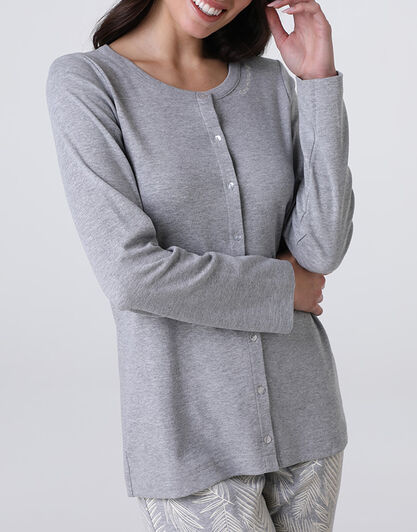 Pigiama Lungo Aperto in Interlock, grigio melange, , LOVABLE