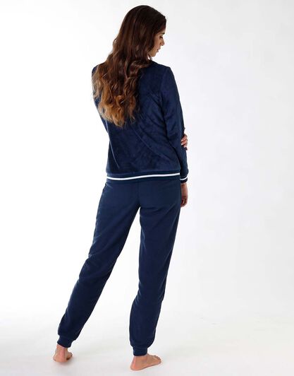 Pigiama lungo donna in pile, blu con stampa, , LOVABLE