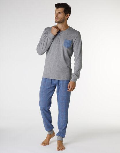 Pigiama lungo in interlock di cotone, grigio melage scuro e blu polvere con stampa, , LOVABLE